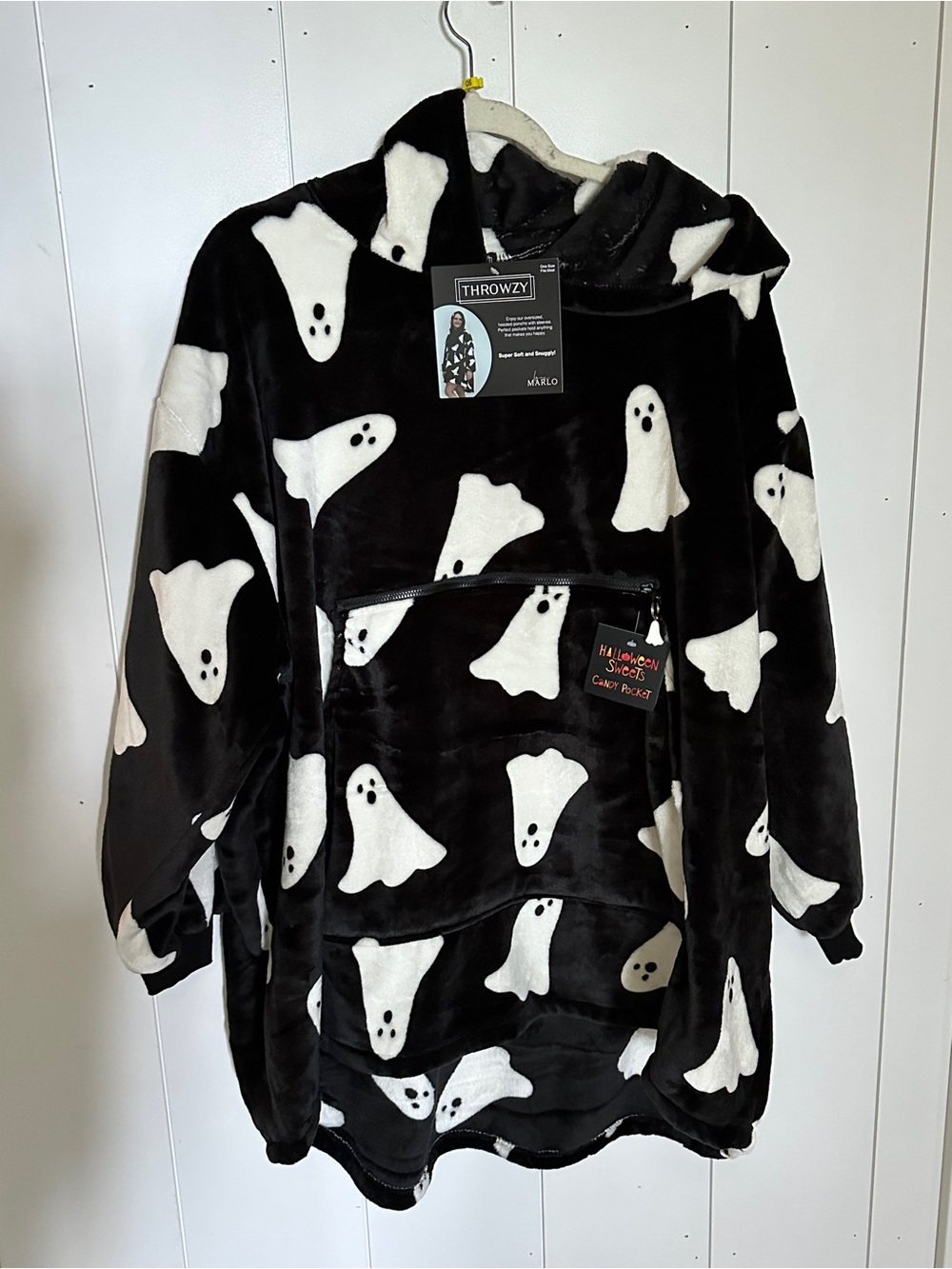 Halloween Ghost Plush Hoodie Throwzy by Marlo Lorenz Snuggie One Size Checkered
